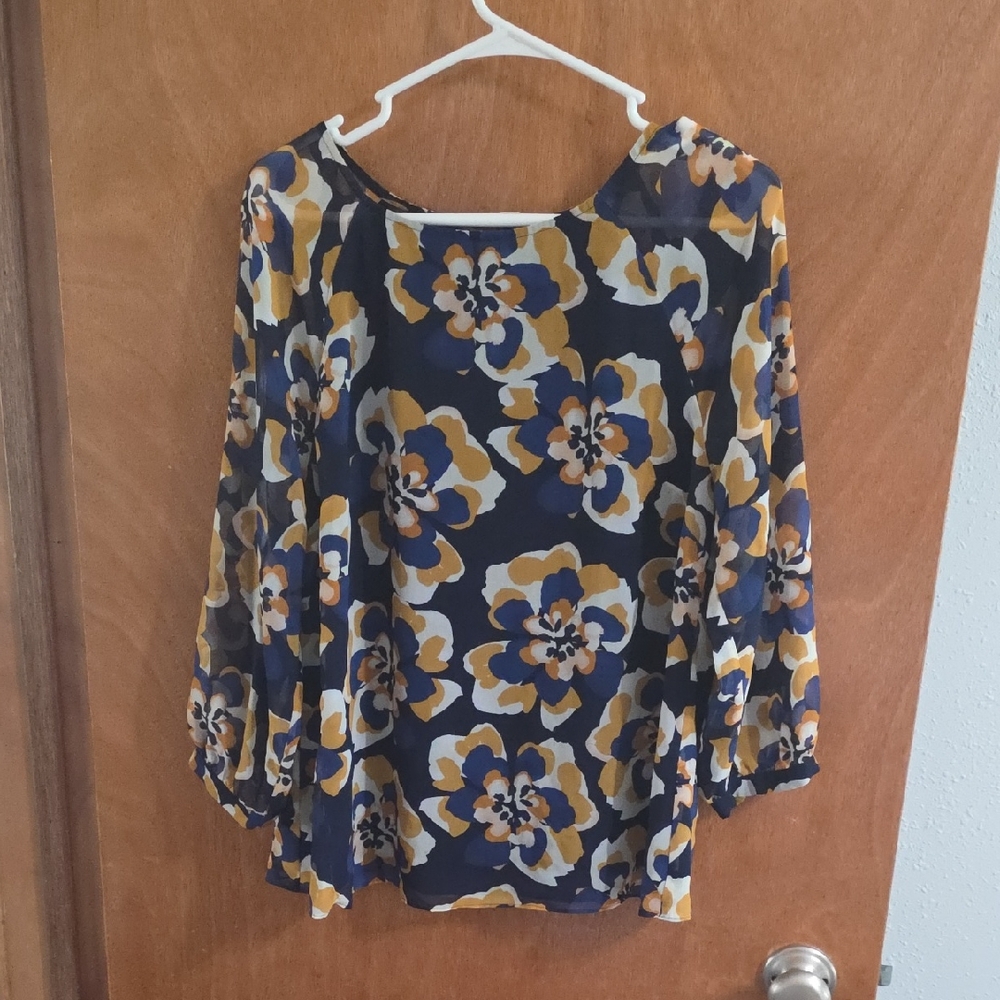 CAbi Navy and Yellow Floral Blouse